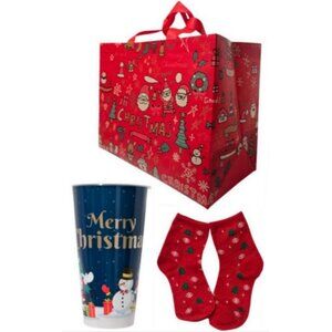 3 Pc. Christmas-Themed Large Gift Bag 1 Pair Socks Plastic Tumbler  Gift Set NEW